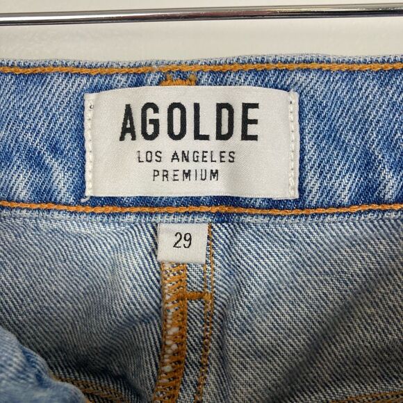 AGOLDE Quinn High-Rise Denim Mini Skirt in Devotee Button Fly Distressed Hem 29 - Picture 4 of 9
